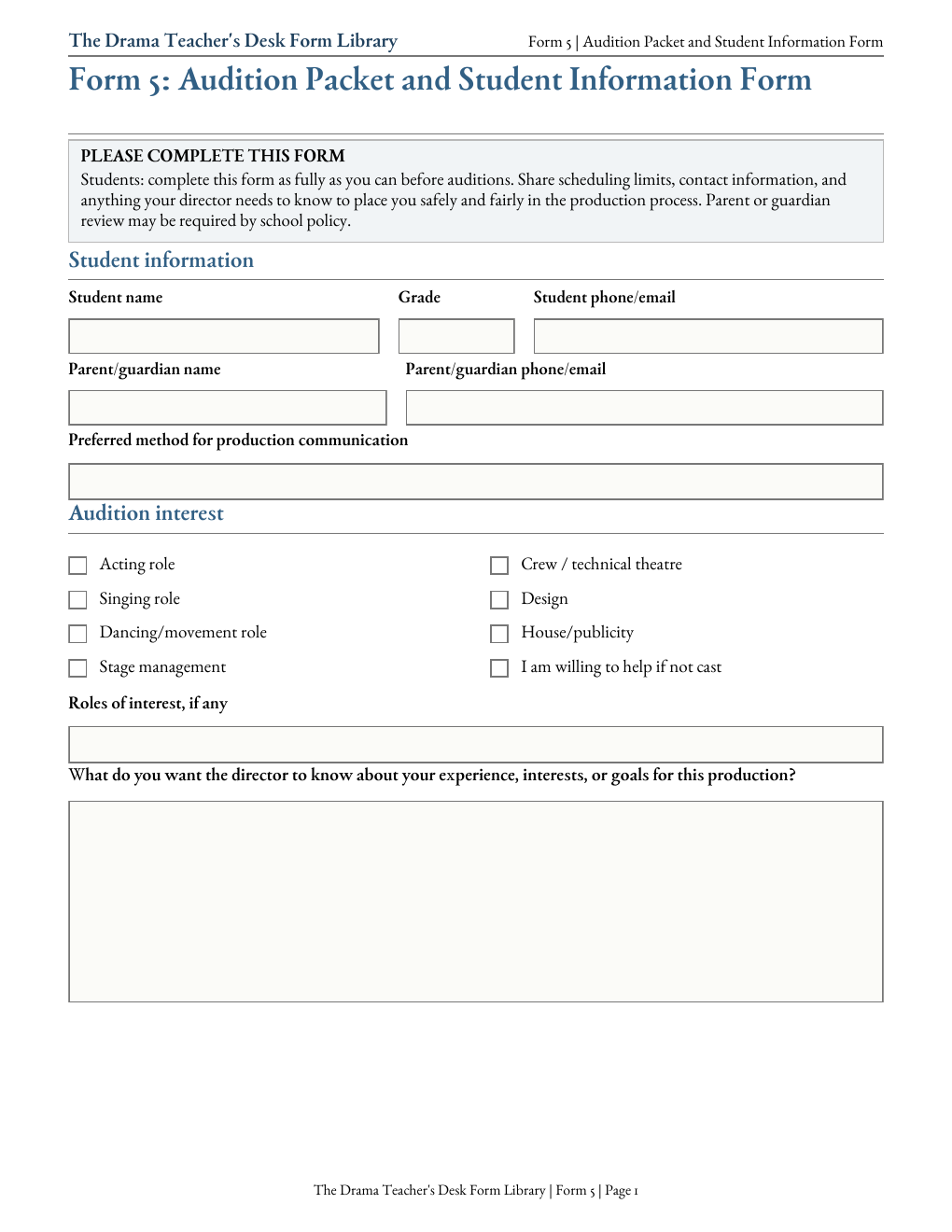 Form 5 Audition Packet and Student Information Form, page 1