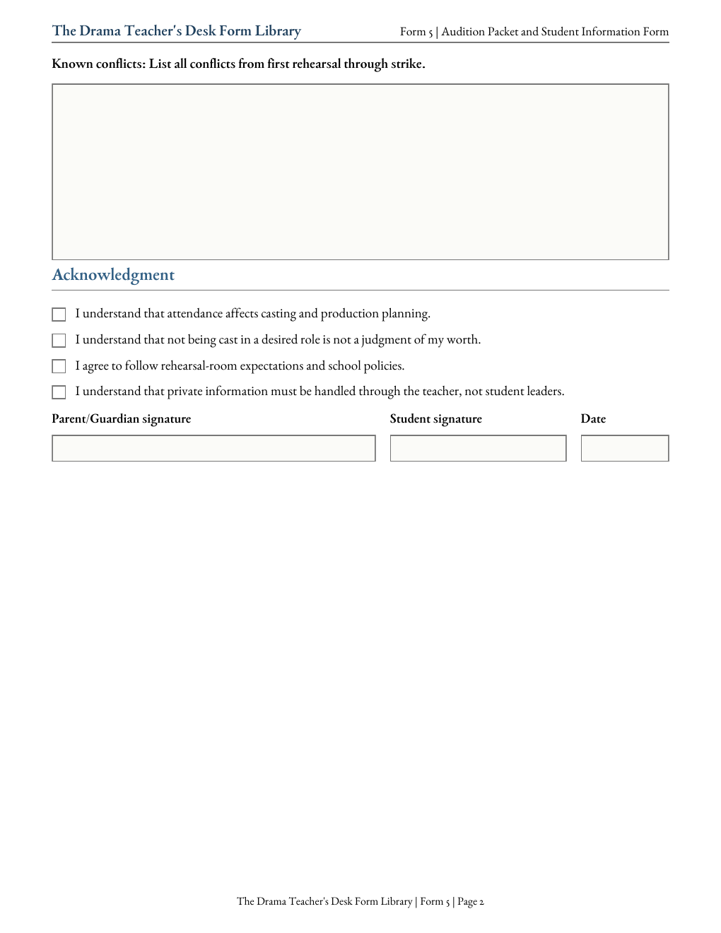 Form 5 Audition Packet and Student Information Form, page 2