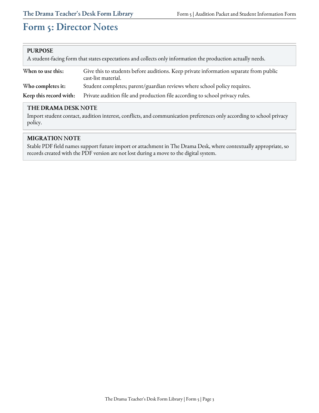 Form 5 Audition Packet and Student Information Form, page 3